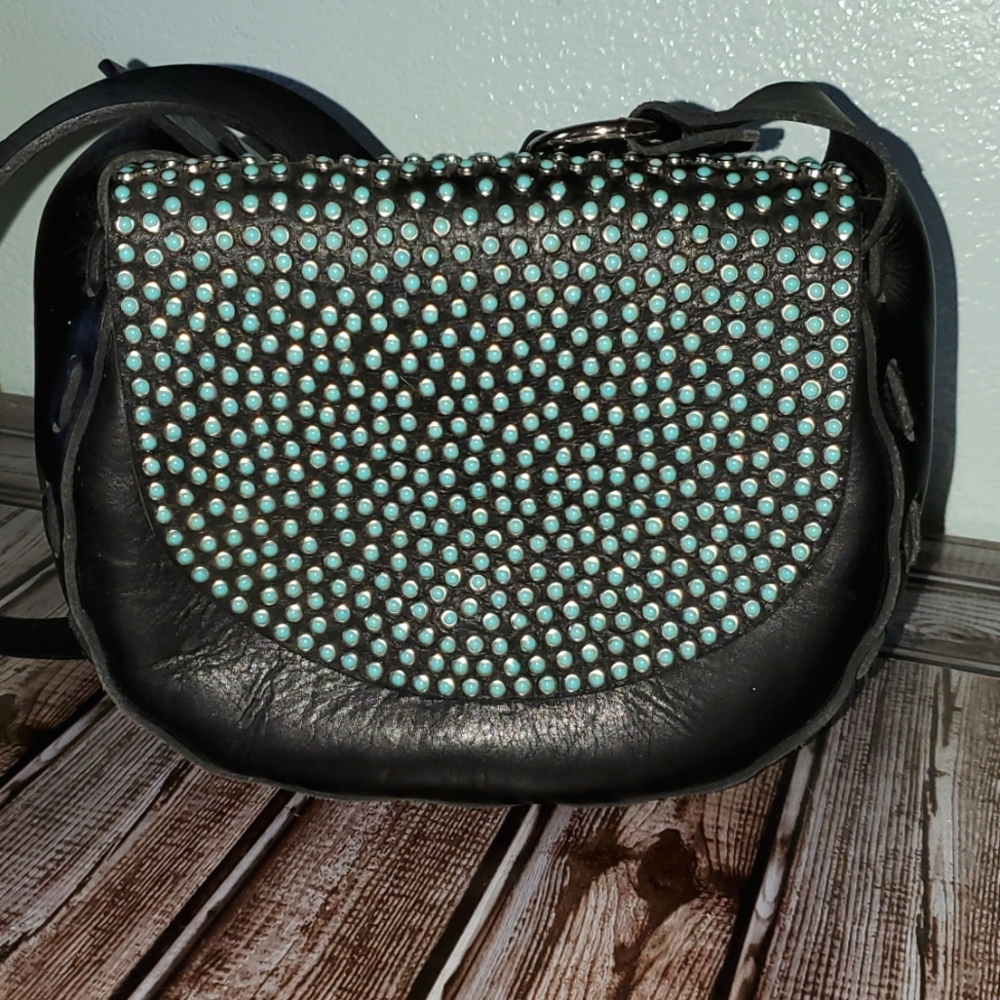 Unbranded Leather purse Turqoise embelleshment Black Boho